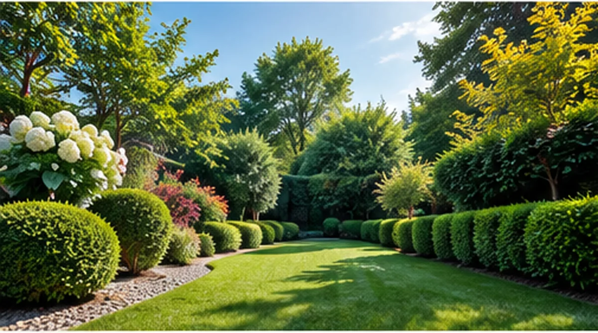 Giardino estivo con prato rasato tra siepi potate, cespugli a palla e alberi ad alto fusto