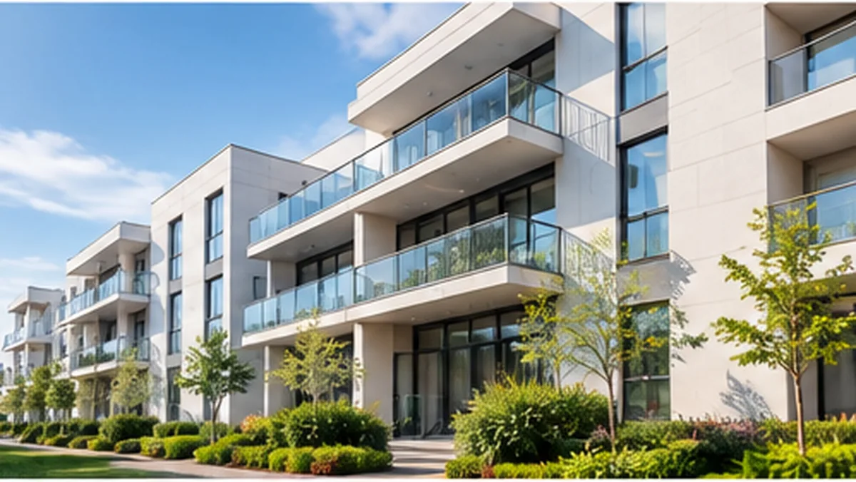 Facciata di un condominio moderno con balconi in vetro e aiuole curate lungo il vialetto d’ingresso