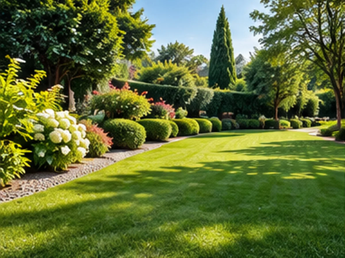 Ampio prato all’inglese con bordure di cespugli potati e fiori, in un giardino pulito e in ordine