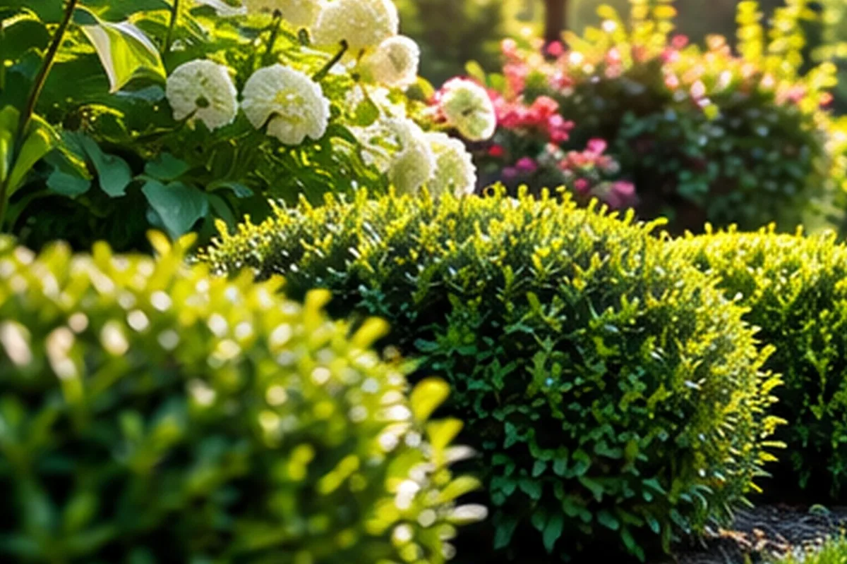Cespugli sani e potati con ortensie bianche e fiori rosa sullo sfondo, alla luce del sole
